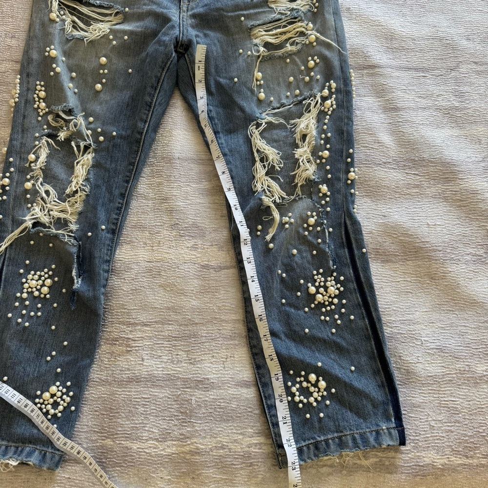 One dress One love Distressed Blue Jeans with Pearl Accents, Size 26-27 - Picture 4 of 9